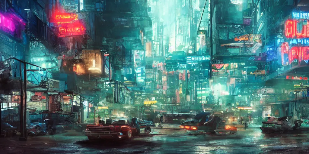 Image similar to a guatemalan solitary cyberpunk city, abandoned with neon ads and signs with evocative dramatic mood with blade runner vibe with cars and floating vehicles with motion blur with depth of field with bloom with lightshaft with volumetric lights, fog, by jeremy mann, oscar winning graphics, photo realistic, bloom, imax, dynamic lighting, artstation,