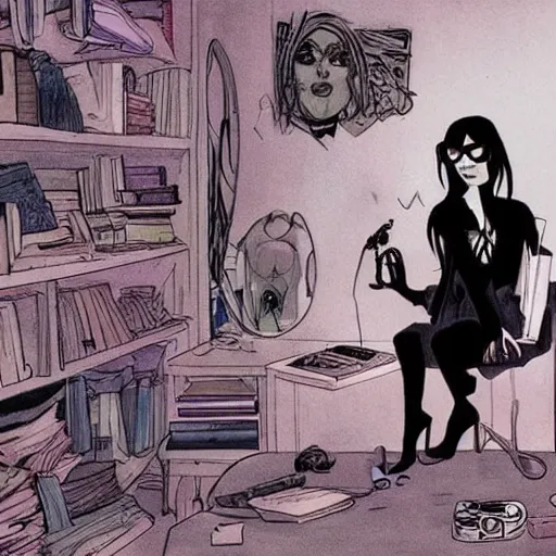 Image similar to lonely goth nerd sitting in cluttered room alone, by glen keane, aesthetic!!!, detailed, realistic, hyper realism, small details, goth aesthetic,