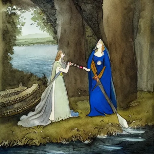 Image similar to “watercolor painting of the lady of the lake giving the sword to King Arthur, 8k”