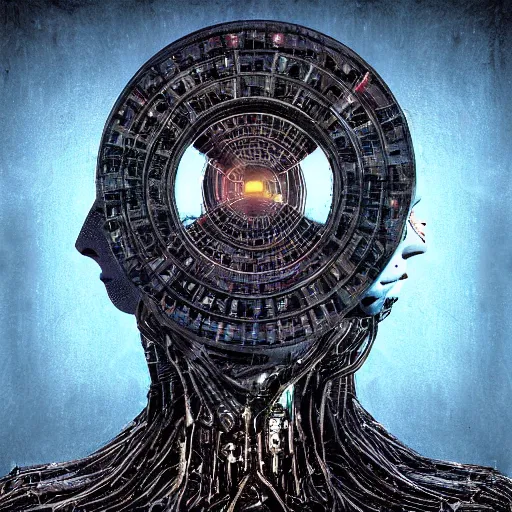 Prompt: lost in the mind of a quantum god head machine dystopian surrealism
