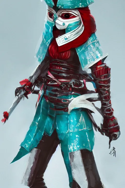 Image similar to female adventurer in tight full - body teal leather armor of japanese design with red accents and a white porcelain crow mask, trending in artstation, japanese, artstation, big moon in the background, establishing shot