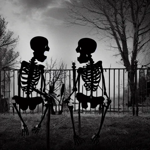 Prompt: A skeleton couple on a date in a spooky graveyard, dark, eerie, romantic, photorealistic