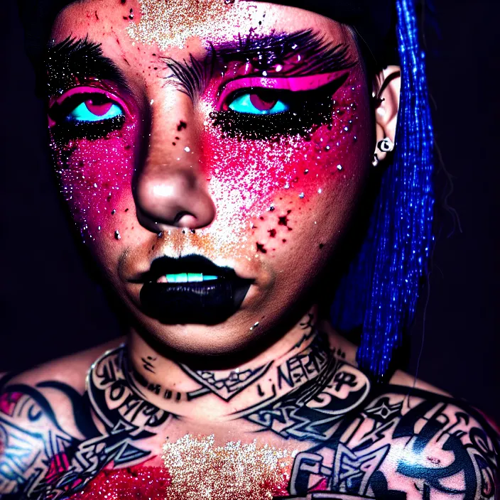 Image similar to a streetwear mixed woman wearing thick mascara by Studio Trigger, crying, a city on fire in the background, police lights shine on her face, tattoos, dark glitter makeup, Cinestill 50d, 4k, 8k, hd, full color, octane render, trending on artstation, highly detailed