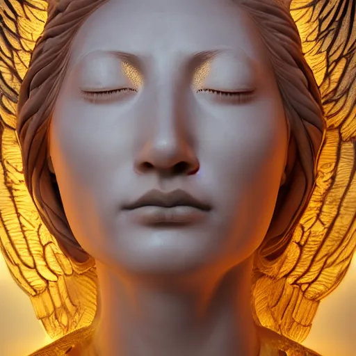 Image similar to artistic portrait of a female marble statue, crying, lament, wings, lens flare, atmosphere, glow, detailed, intricate, full of color, led lighting, trending on artstation, 4 k, hyperrealistic, 3 5 mm, focused, extreme details, unreal engine 5, masterpiece