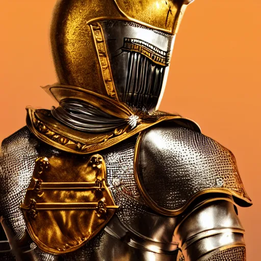 Image similar to a highly detailed full-length knight in a golden helmet and crown with a diamond in the center, golden armor, leather clothes under the armor, leather gloves, artstation, DeviantArt, professional, octane render, sunset lighting