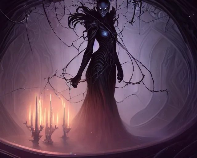 Image similar to a 4 k cinematic screenshot still portrait of a dark elf in a dark liminal space room surrounded by spider webs, deep focus, d & d, fantasy, intricate, elegant, highly detailed, digital painting, art station, concept art, matte, sharp focus, illustration, dark fantasy style art, hearthstone, art by artgerm and greg rutkowski and alphonse mucha