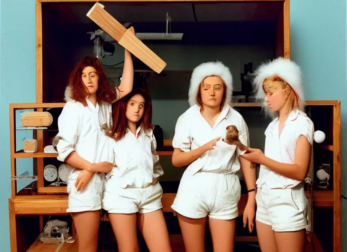 Prompt: realistic photo of a three young female birdman wearing white shorts, watching at a levitating fluffy furry cloud, in a living room sci - fi laboratory with many wooden gadgets made of wood interior is made of wood 1 9 9 0, life magazine reportage photo, natural colors