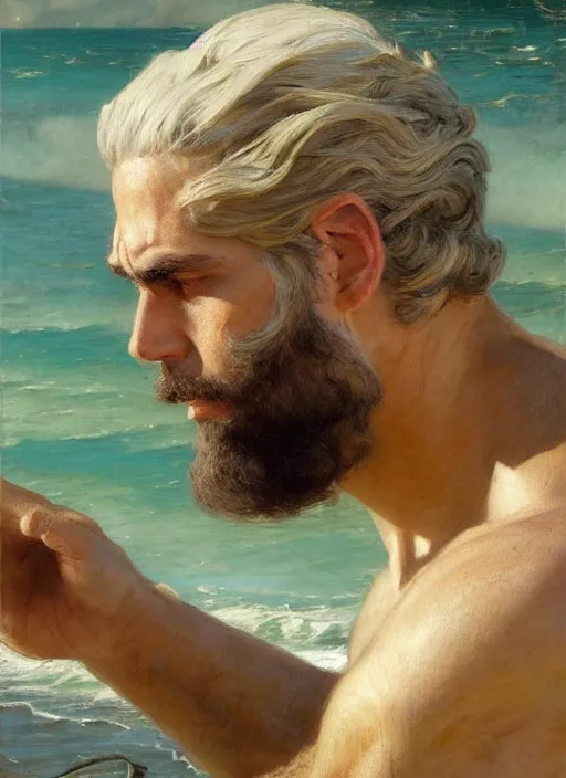 Image similar to detailed cinematic wide shot of muscular attractive young portuguese man beard slim face symmetrical face tanskin green eyes white hair wearing sea clothes, ultra realistic, spring light, painting by gaston bussiere, craig mullins, j. c. leyendecker