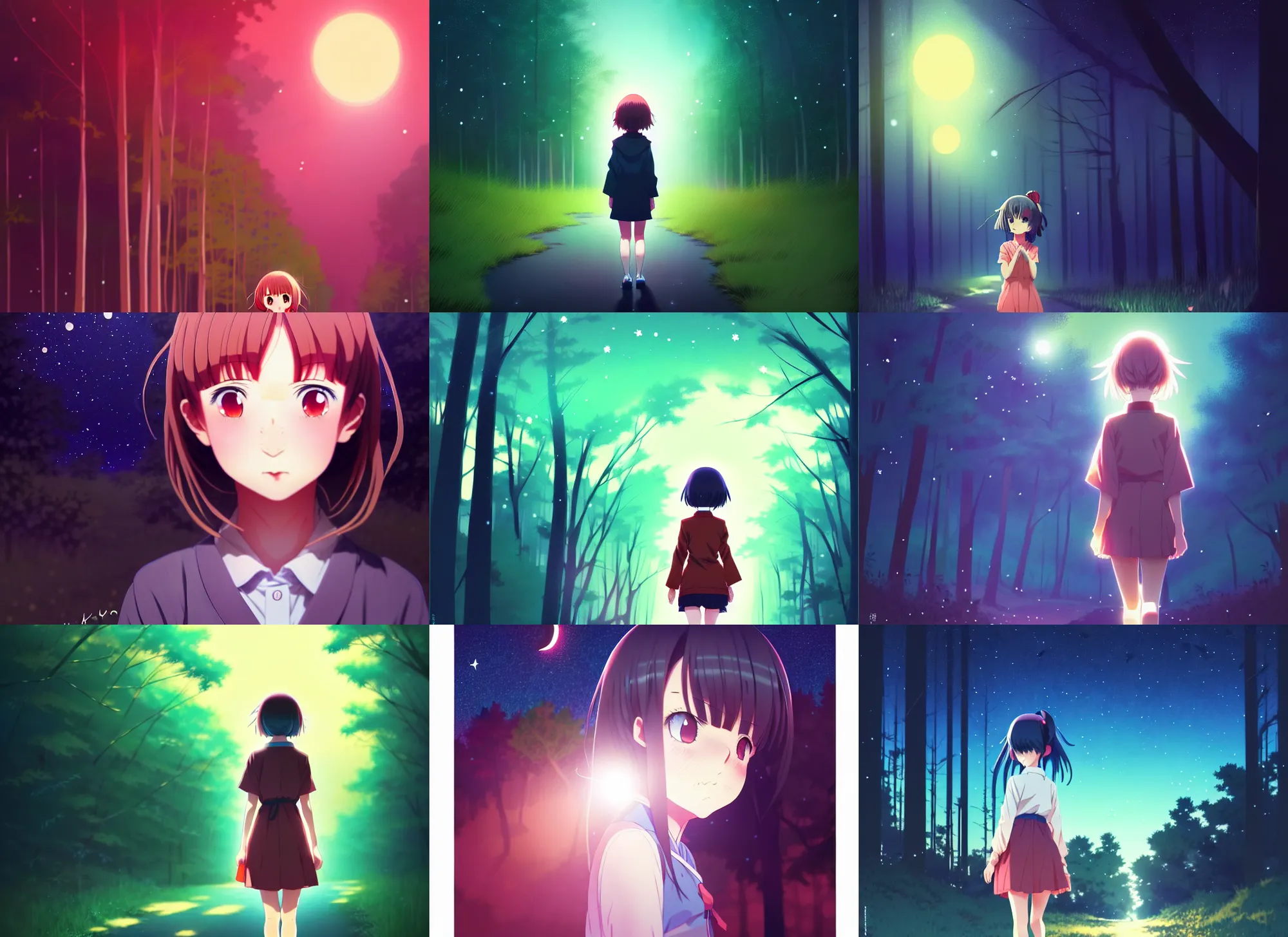 Prompt: anime visual, portrait of a curious girl walking in a forest at night, night sky, very dark, ncute face by ilya kuvshinov, yoh yoshinari, dynamic pose, dynamic perspective, rounded eyes, kyoani, smooth facial features, dramatic lighting, tatami galaxy