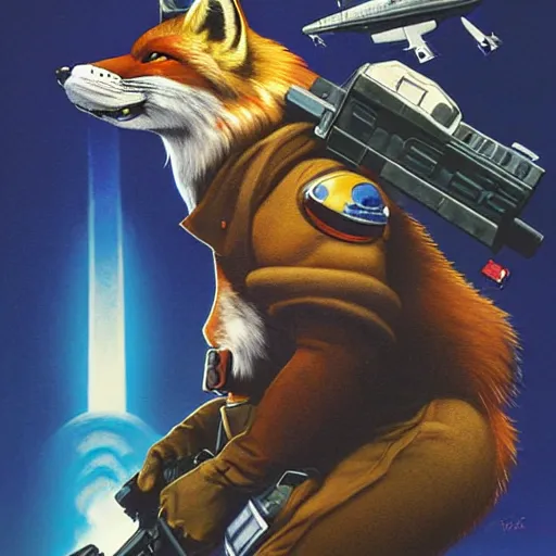 Image similar to a portrait of fox mccloud holding a blaster, suspenseful, heroic, anthropomorphic furry art, star fox, by jim burns, vincent di fate, and peter elson