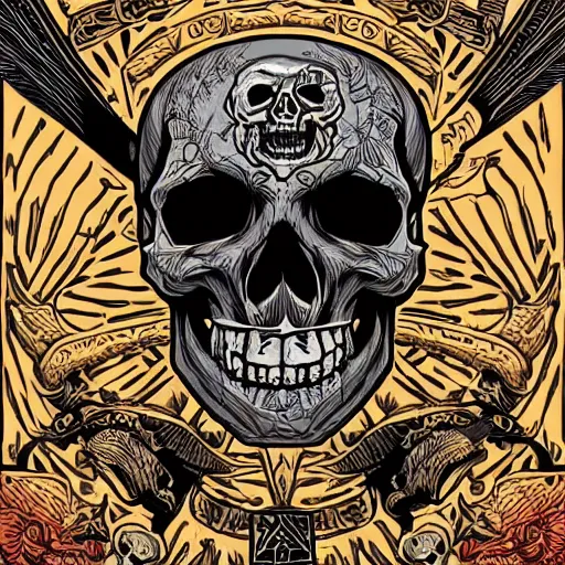 Image similar to a pirate flag, skull design for a rock band, art by Dan Mumford and artgerm, intricate, D&D, dark fantasy