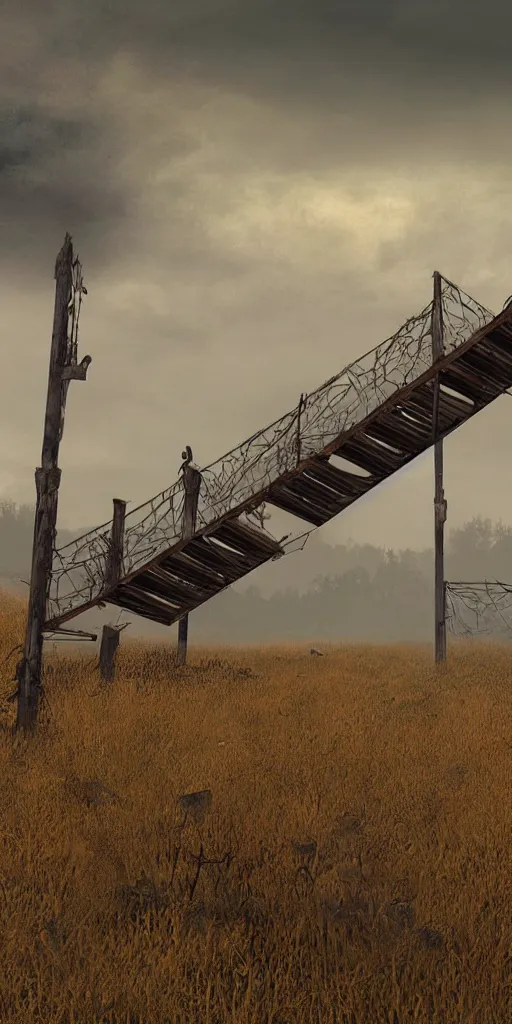 Image similar to rusty broken building constructions of a giant staircase for multiple cases, leading to the sky, the ruins, in the steppe, autumn field, misty background, from the game pathologic 2, highly detailed, sharp focus, matte painting, by isaac levitan and asher brown durand,