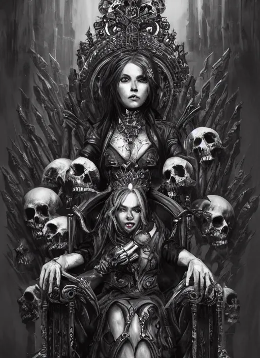 Image similar to the ruined queen sitting on a throne made of skulls, concept art, digital illustration, trending on artstation, deviantart, artgerm, epic composition, masterpiece, highly detailed, perfect face, realistic face, wlop, ross draws