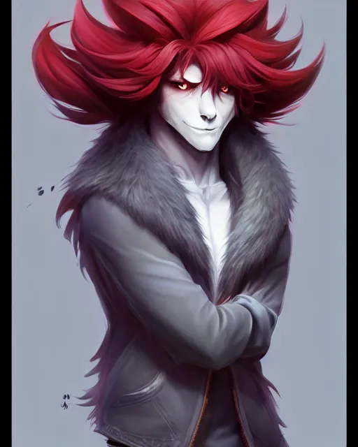 Image similar to character concept art of a dark grey anthropomorphic furry male wolf with long red hair | | cute - fine - face, pretty face, key visual, realistic shaded perfect face, fine details by stanley artgerm lau, wlop, rossdraws, james jean, andrei riabovitchev, marc simonetti, and sakimichan, artstation