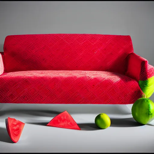 Prompt: A couch with a watermelon theme, studio lighting, photo