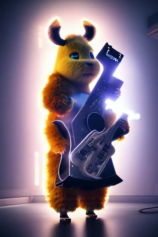 Image similar to high quality 3 d render very cute fluffy! cyborg cow plays guitar, cyberpunk highly detailed, unreal engine cinematic smooth, in the style of blade runner & detective pikachu, hannah yata charlie immer, moody light, low angle, uhd 8 k, sharp focus