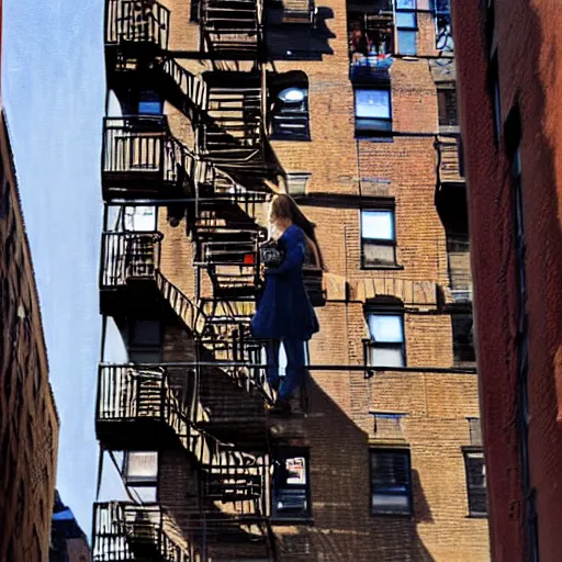 Image similar to “ top view of a girl holding a cup of coffee sitting on a fire escape overlooking the east village in new york city, morning light, by daniel gerhartz ”