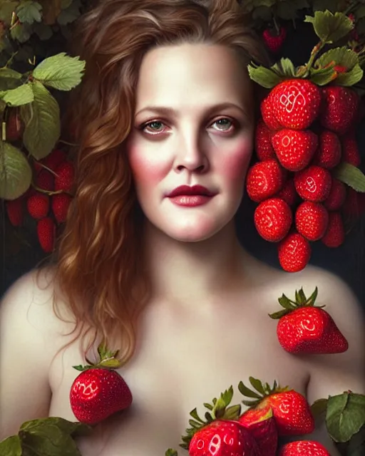 Prompt: beauty portrait, drew barrymore, strawberries, wild berries, by tom bagshaw, greg rutkowski, intricate background