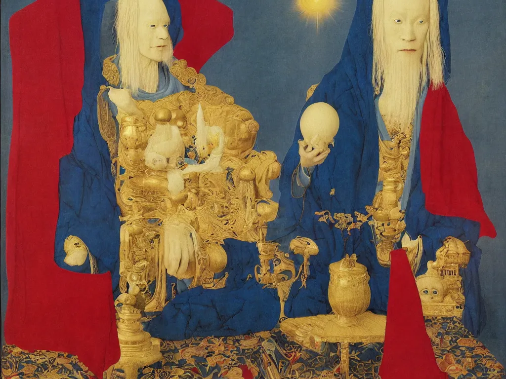 Image similar to Portrait of albino mystic with blue eyes, with beautiful Japanese Buddhist wooden golden statue. Painting by Jan van Eyck, Audubon, Rene Magritte, Agnes Pelton, Max Ernst, Walton Ford