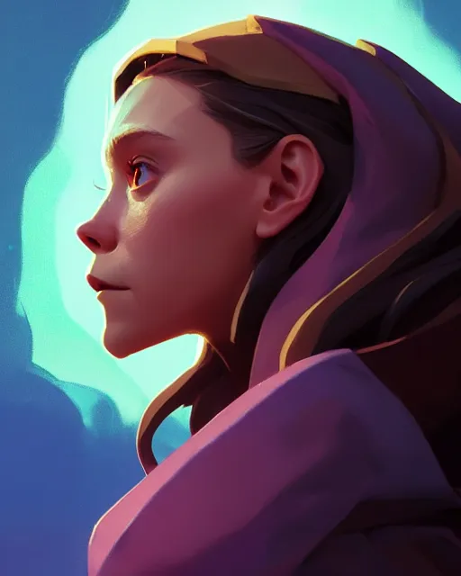 Image similar to side - profile painted portrait, elisabeth olsen as a mage, bright backlit, key lighting, smooth, gaudy colors, maya render, octane render aesthetic, dota matte painting concept art, official fanart behance hd artstation by jesper ejsing, by rhads and makoto shinkai and lois van baarle and ilya kuvshinov and rossdraws