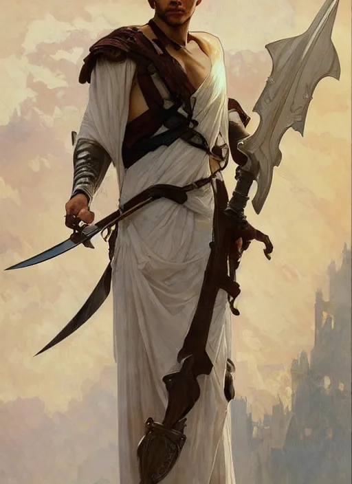 Image similar to a young man with wide, intense eyes. he is bald and clean shaven, dressed entirely in white and holding a huge sword. painting by artgerm and greg rutkowski and alphonse mucha