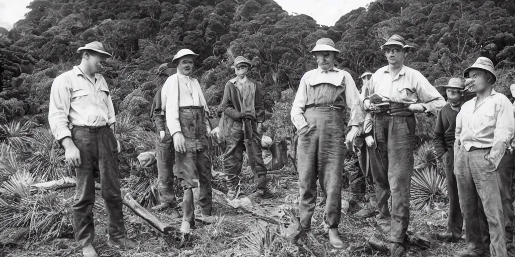 Image similar to louis theroux interviewing kauri loggers at great barrier island, new zealand 1 9 2 0's