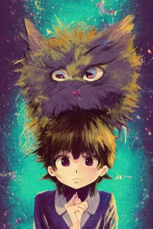 Prompt: vintage 90\'s anime mixed with pastel impasto highly rhythmic expressionistic wild symmetrical cutest fluffy furry adorable portrait pleasing palette trending on artstation funhouse surreal unpredictable wild unexplainable fantasy land you could not have dreamed of in the gritty posterized grainy analog style of studio Ghibli and 1960s americana Comics, HQ 8k scan