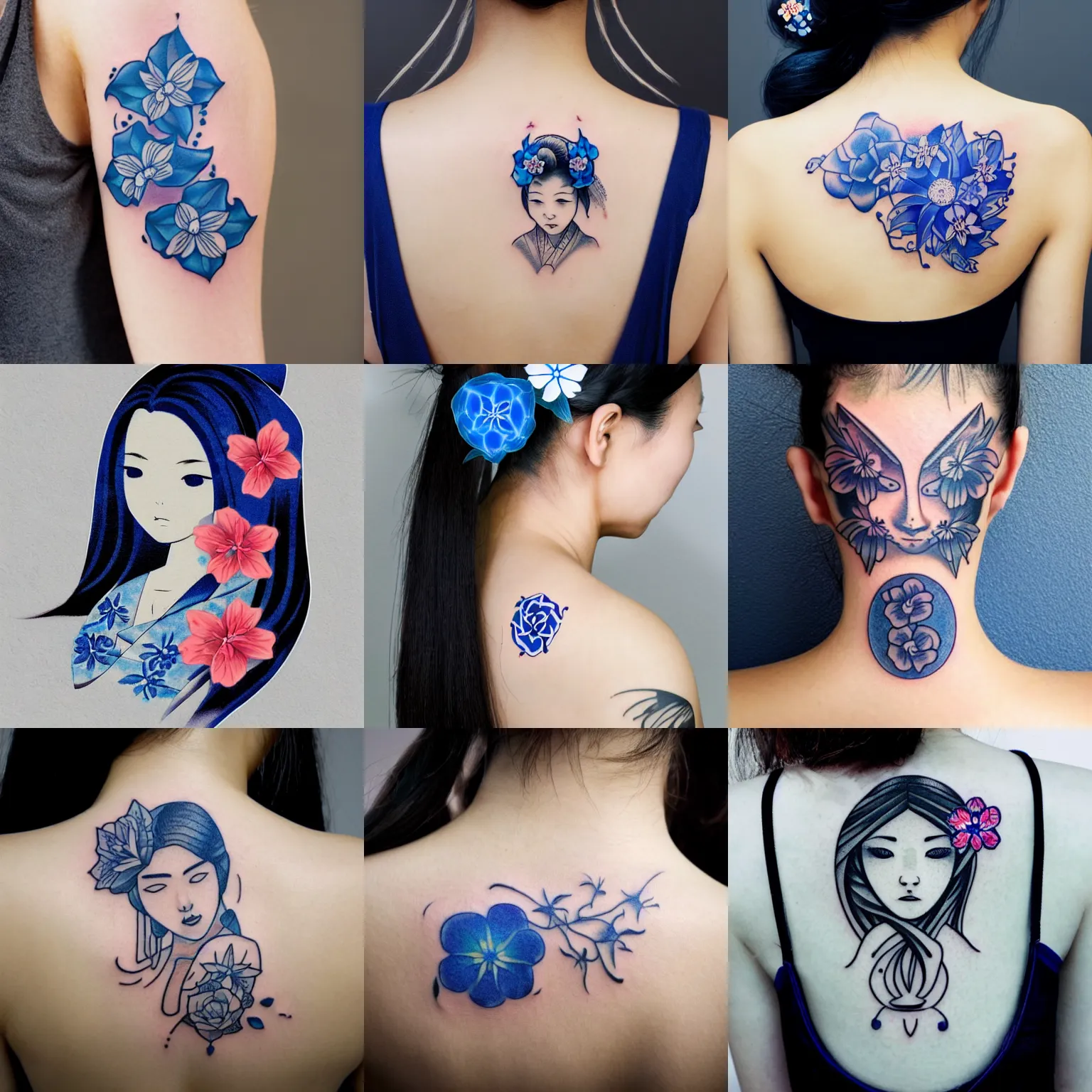 Prompt: catroon die cut tattoo of japaneese woman with blue flower in her hair with white border on gray background