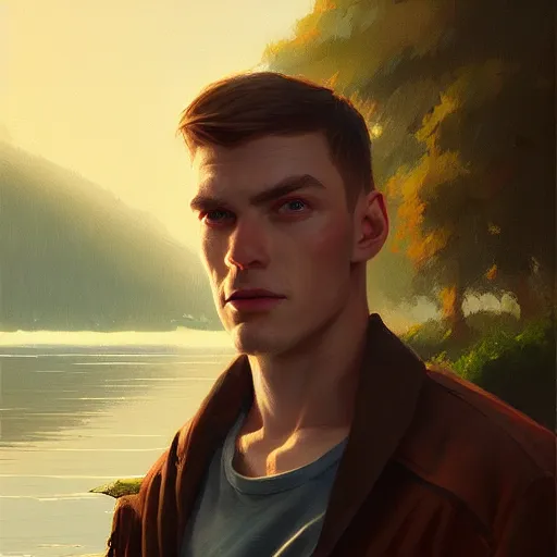 Image similar to phillip j fry portrait, dramatic light, lake background, 2 0 0 mm focal length, painted by stanley lau, painted by greg rutkowski, painted by stanley artgerm, digital art, trending on artstation