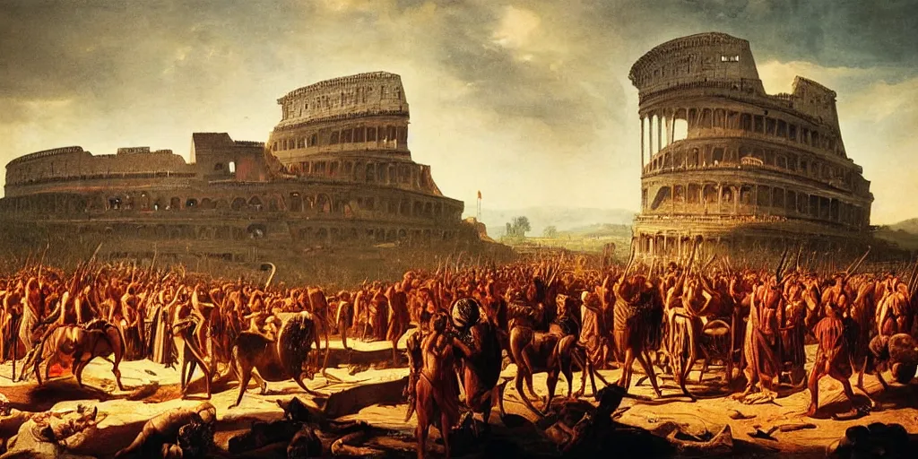 Image similar to Hannibal with his legions in front of Rome, epic lighting, amazing details, beautiful view, oil painting