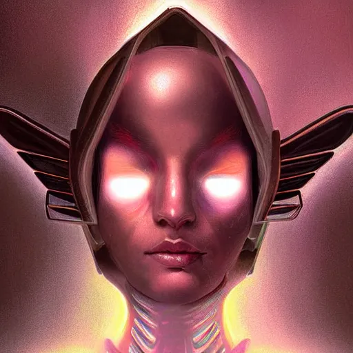 Prompt: Shoulder level close up portrait of a humanoid Soul style seraphim angel from a neo solar punk future future metaverse sculpted minimal technology tech cyborg tech, techno angelic warrior by Mandy Jurgens, cartoon, oil painting , visionary art, Heavenly symbols, holy halo, astral patterns, Rembrandt lighting sci-fi