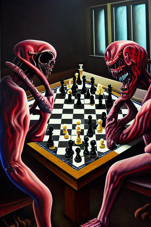 Prompt: a hyperrealistic painting of a game of chess played by nightmare creatures, cinematic horror by jimmy alonzo, the art of skinner, highly detailed, vivid color,