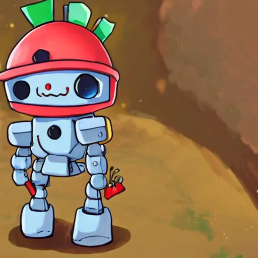 Prompt: cute little robot with big tomato hat and a carrot sword, made in abyss style