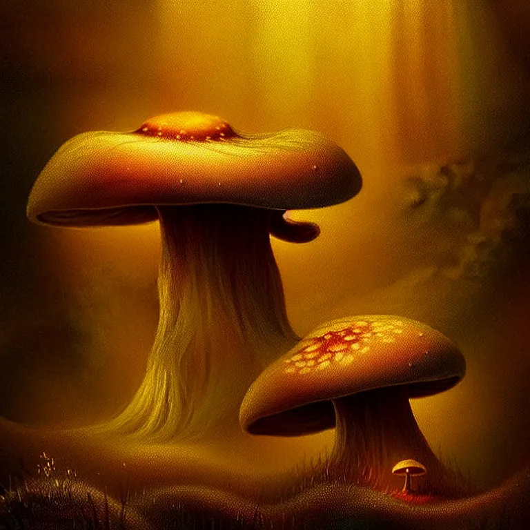 Image similar to epic professional digital art of startling mushroom, faint golden moody atmospheric lighting, painted, intricate, detailed, detailed, foreboding, by leesha hannigan, wayne haag, reyna rochin, ignacio fernandez rios, mark ryden, iris van herpen,, epic, stunning, gorgeous, much wow, cinematic, masterpiece.