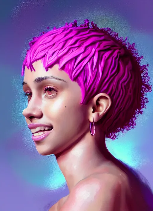 Image similar to portrait of teenage vanessa morgan with bright pink hair, vanessa morgan, curly pixie cut hair, wearing a purple breton cap, breton cap, subtle confident smile, hoop earrings, intricate, elegant, glowing lights, highly detailed, digital painting, artstation, concept art, smooth, sharp focus, illustration, art by wlop, mars ravelo and greg rutkowski