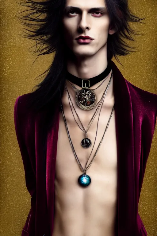 Image similar to a beautiful androgynous man, long hair, tall and thin, soft features, sly, dressed in velvet, rock star, wearing several pendants and a choker, illustration, dramatic lighting, soft details, painting oil on canvas, art nouveau, octane render, hdr, 4 k, 8 k, hd, by edmund blair leighton, brom, charlie bowater, faces by otto schmidt