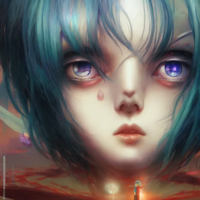 Image similar to Close up Mamimi Samejima Iwakura Lain, LSD Dream Emulator, paranoiascape ps1, official anime key media, Iwakura Lain, LSD Dream Emulator, paranoiascape ps1, official anime key media, painting by Vladimir Volegov, beksinski and dan mumford