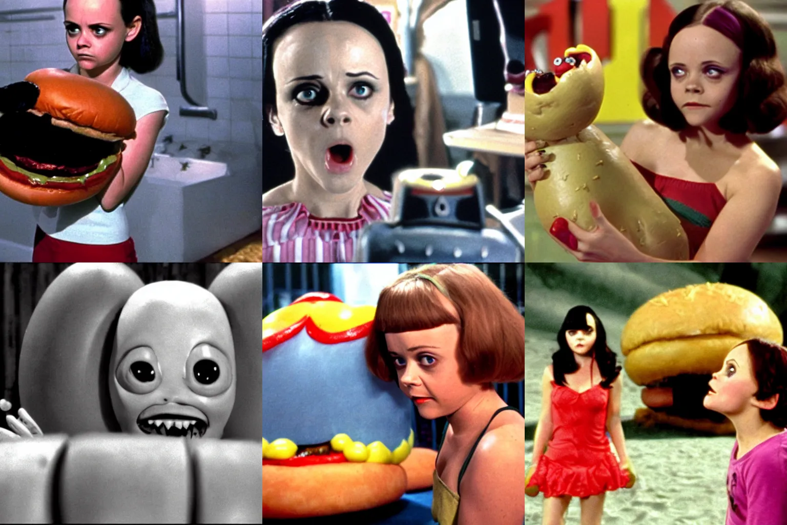 Prompt: color movie still of christina ricci in'hot dog monster vs hamburger monster'by ray harryhausen