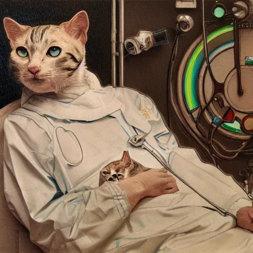 Image similar to high quality high detail portrait of a anthropomorphic cat radiologist in hospital background, ross draws, hyperrealism, intricate detailed, alphonse mucha, 8 k, sci - fi, pastel colors, artstation