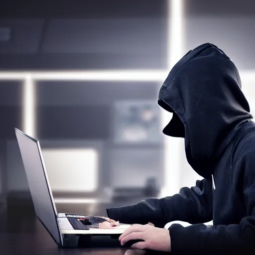 Prompt: realistic photo of hacker, dark background, hood, face doesn't visible, computer, extremely detailed, sharp focus, masterpiece,