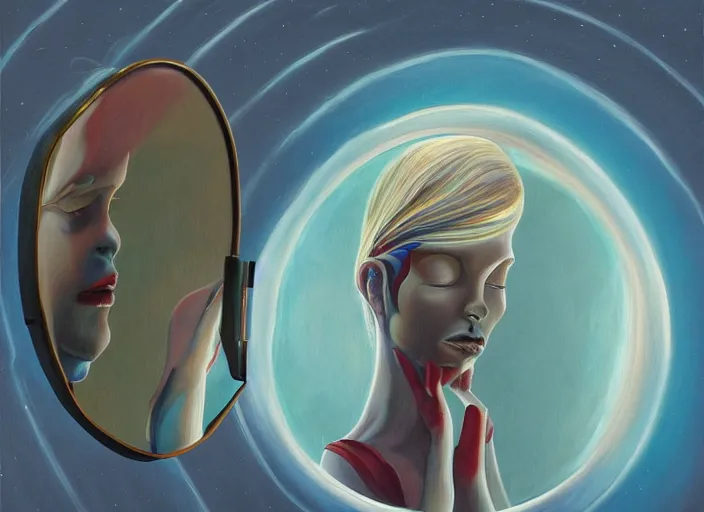 Image similar to a painting of a person looking in a mirror, a surrealist painting by Taro Okamoto, behance contest winner, pop surrealism, surrealist, cosmic horror, biomorphic