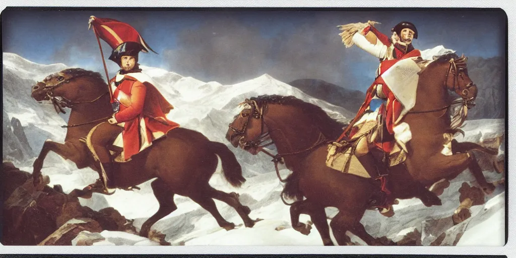 Prompt: Napoleon Crossing the Alps, Jacques-Louis David, instax, polaroid picture, found footage