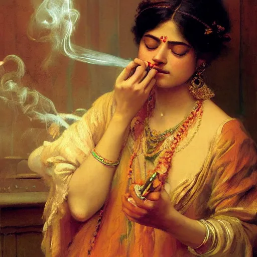 Image similar to detailed portrait of hindu traditional girl smoking joint i baroque painting, girl graceful, eyes closed, painting by gaston bussiere, craig mullins, j. c. leyendecker