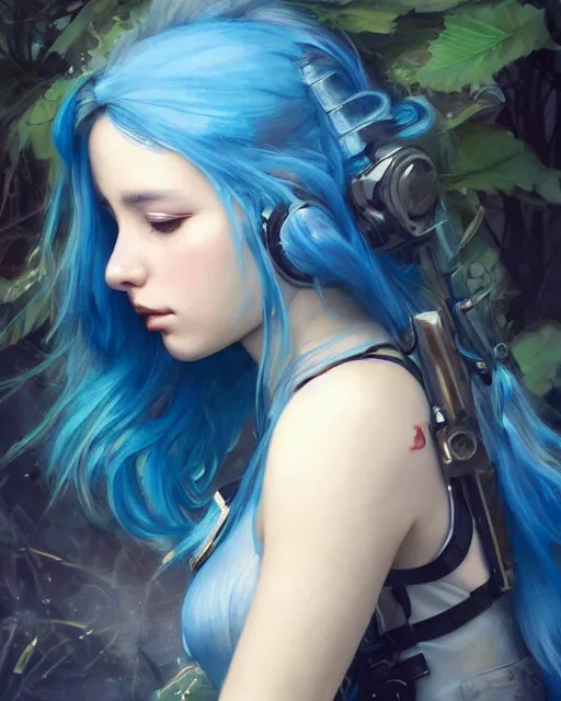 Image similar to stunningly beautiful girl with blue hair, dj sura face fantasy art, military girl, army girl outfit, soldier helmet, jungle background, dark light night, sharp focus, digital painting, 8 k, concept art, art by wlop, artgerm, greg rutkowski and alphonse mucha