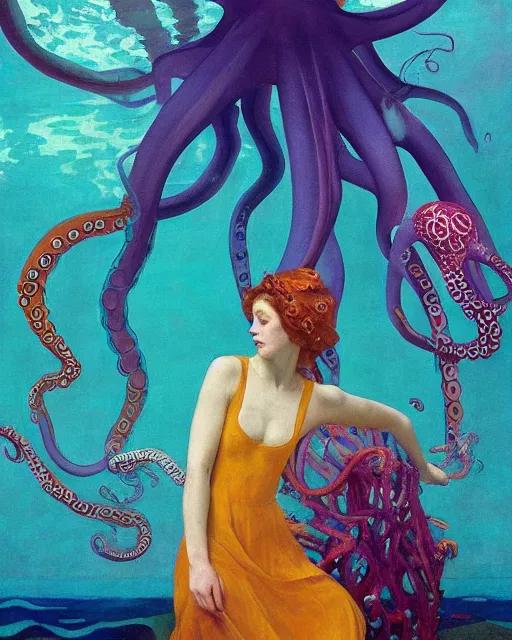 Image similar to a beautiful girl underwater wearing a colourful octopus as a dress and surrounded by glowing jellyfish, painted by edgar maxence, edward hopper, wayne barlowe and james gilleard, airbrush, art by jamesjean