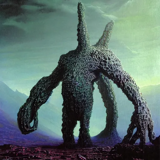 Image similar to concept art of a giant fractal golem, pride, day time, foreboding, fantasy, valley, wayne barlowe