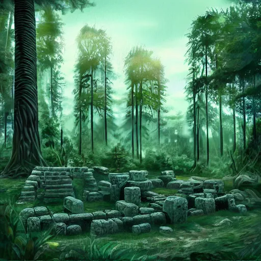 Image similar to ancient ruins in a forest,retrowave art,trending on art station