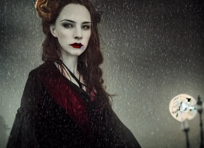 Image similar to portrait of Lady Dracula in victorian suit, atmospheric lighting, painted, intricate, London Dockyard, volumetric lighting, beautiful, light rain, moon light, sharp focus, ultra detailed, by Leesha Hannigan, Ross Tran, Thierry Doizon, Kai Carpenter, Ignacio Fernández Ríos, Yasumoto Oka,