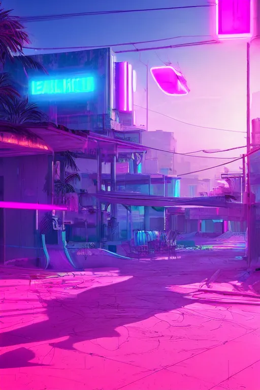 Prompt: cyberpunk syntwave beach, midday, pink neon lights, futuristic, cgsociety, in the style of artstation