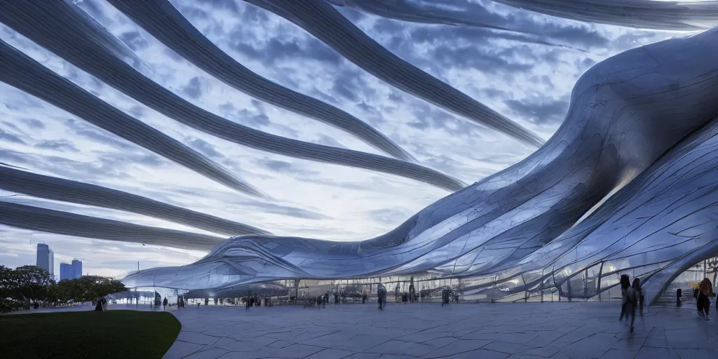 Image similar to extremely detailed awe stunning beautiful futuristic smooth curvilinear museum exterior, translucent gills, zaha hadid, stunning volumetric light, stainless steel, concrete, translucent material, beautiful sunset, hyper real, 8k, colorful, 3D cinematic volumetric light, atmospheric light